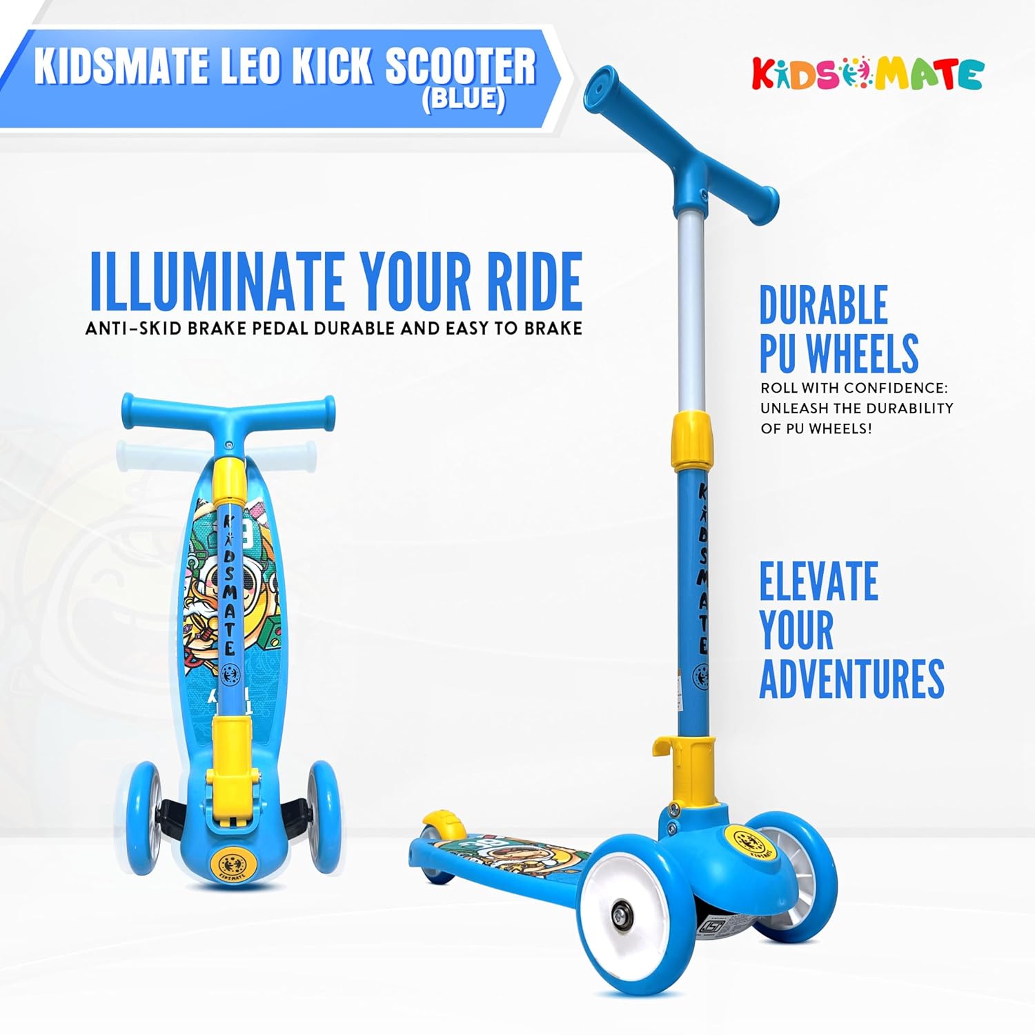 Kidsmate Leo Kick Scooter in black, designed for kids with 3 adjustable height settings, broad PVC wheels, and a reliable rare brake. Its foldable design makes storage and transport easy." www.usmile.toys www.usmile.toys